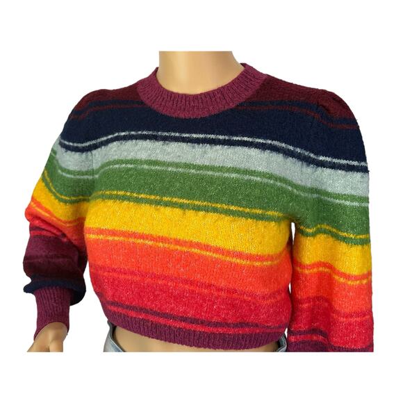 Zara Rainbow Cropped Sweater Puff Long Sleeve Striped Wool Blend Pullover Size S - Picture 10 of 14